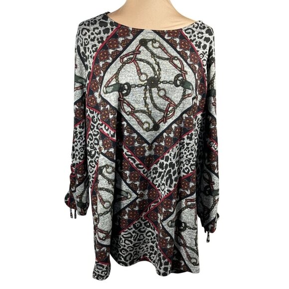 Cato Tunic Top Red Gray Ruched Sleeve Size 18/20 Shirt Stretch Animal Print - Picture 1 of 7